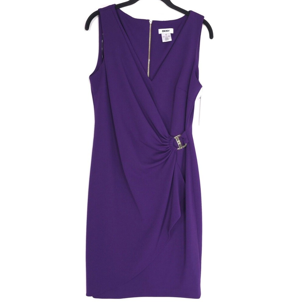 DKNY Women's New Sheath Dress 6 Purple Gold Hardware Ruched Buckle DD5ACH15